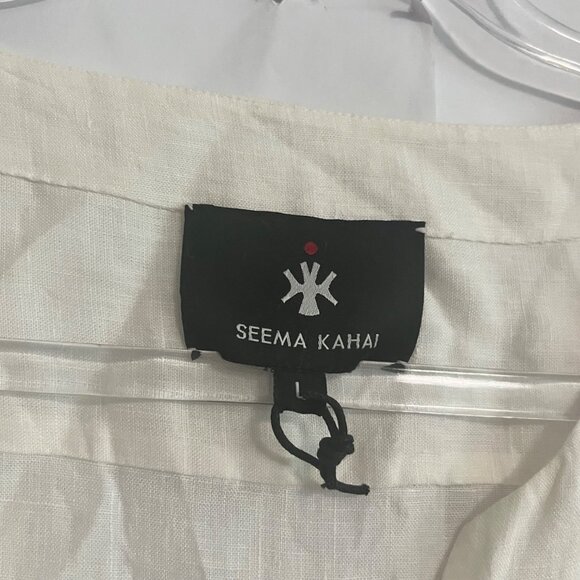 SEEMA KAHAI MAXI DRESS SIZE LARGE WHITE 100% LINEN LONG SLEEVE STRIPE DETAIL - Picture 4 of 5